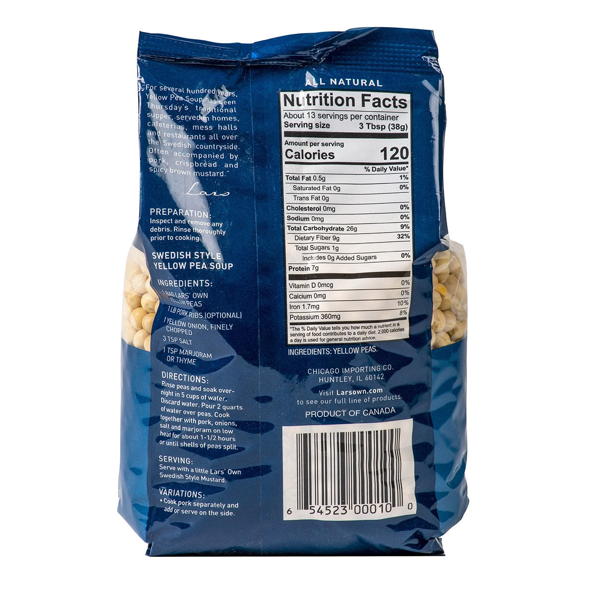 Back of Lars Yellow Peas package, a key Nordic ingredient for traditional Swedish pea soup, displays nutrition facts, ingredients, preparation directions, and barcode.