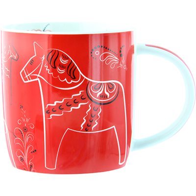 The Coffee Mug: "Sweden" Red Dala Horse (12oz) features a red ceramic body, white handle, and a stylized Dala horse with Scandinavian folk art patterns in white and black.