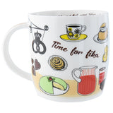The "Swedish Fika" 12oz white ceramic mug features "Time for FIKA" text and playful images of pastries, a coffee cup, pretzel, cake, pitcher, and chocolates.