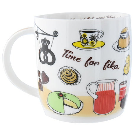 The "Swedish Fika" 12oz white ceramic mug features "Time for FIKA" text and playful images of pastries, a coffee cup, pretzel, cake, pitcher, and chocolates.