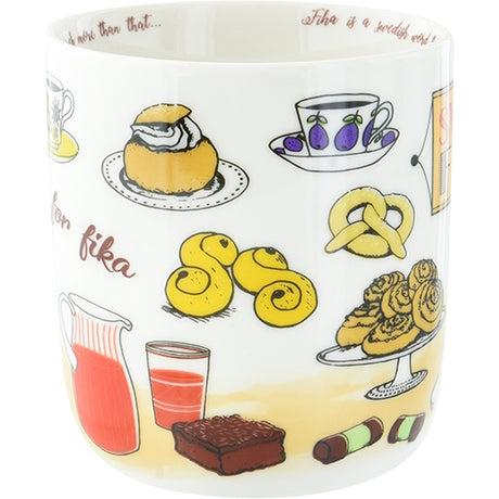 The "Swedish Fika" 12oz mug features coffee break images—pastries, desserts, a pitcher, a teacup—and the words "Time for FIKA" in stylized text.
