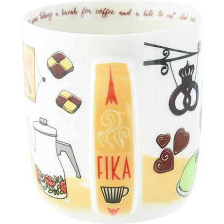 The "Swedish Fika" 12oz ceramic mug features cheerful coffee break images and “Time for FIKA” text—a charming Scandinavian mug, perfect for your daily coffee ritual.