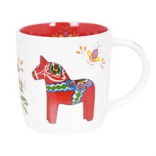 A white 12oz mug with a red interior, from the Dala Horse Swedish Icons Collection, showcasing colorful Dalahorse and floral designs inspired by Swedish folklore art.