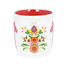 This 12oz mug from the Dala Horse Swedish Icons Collection features a white exterior with colorful floral designs and iconic Dalahorse motifs, complemented by a red interior, celebrating Swedish folklore art.