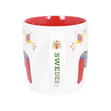 A 12oz white mug with a vibrant red interior and folklore art, featuring the iconic Dalahorse and SWEDEN on the handle, part of The Dala Horse Swedish Icons Collection.