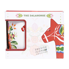 Boxed Coffee Mug: The Dala Horse Swedish Icons Collection (12oz) featuring a red Dala horse, floral accents, and the story of the Dala horse on the gift box—a charming Sweden souvenir.