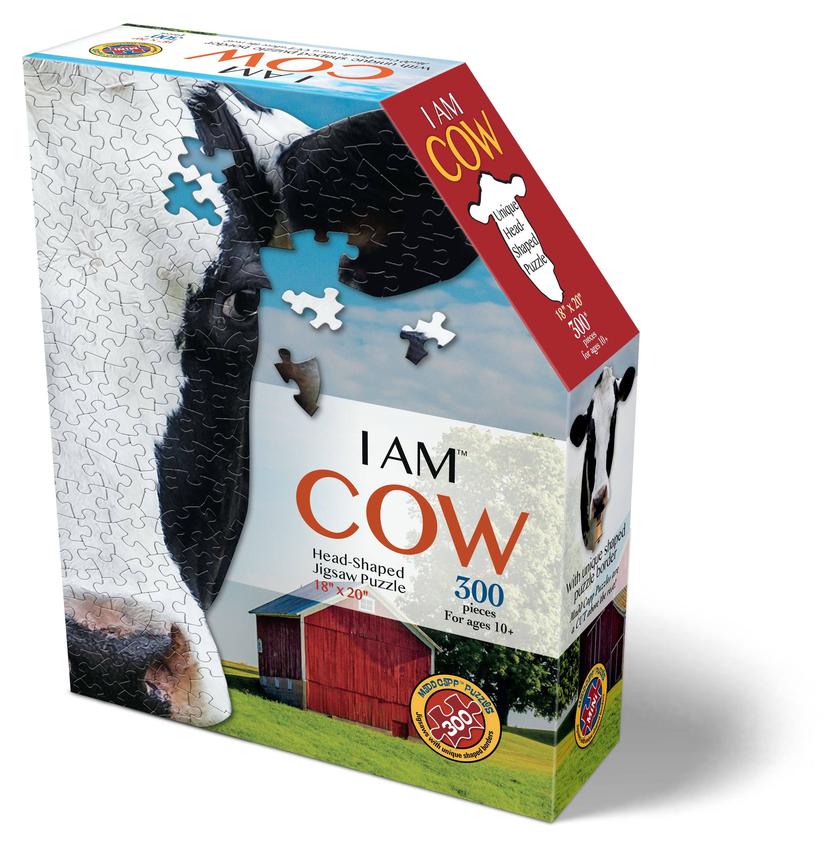 Explore the superior quality chipboard featured in this distinctively shaped 300-piece jigsaw puzzle titled "Puzzle: I AM Cow." Adorned with captivating cow and barn illustrations on the packaging, it is perfect for individuals aged 10 and above and includes educational fun facts for an enriching experience.