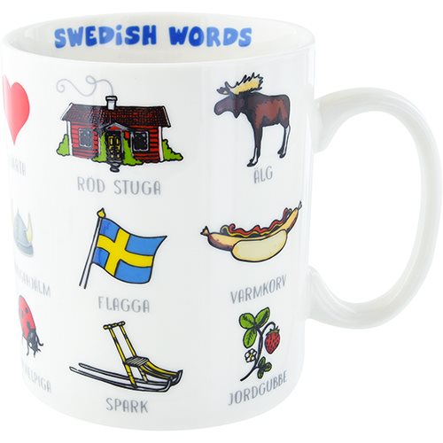 This "Mug: Swedish Words" latte mug showcases charming illustrations accompanied by Swedish words such as red house, moose, hot dog, Swedish flag, sled, ladybug, and strawberry. It's a delightful piece to savor your favorite brew while embracing a hint of Swedish culture.