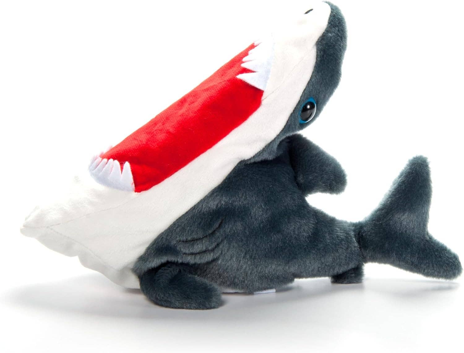 Introducing the Plush: Slapstix Shark Giant Slap Bracelet 10" – a unique shark plush toy with a large open mouth, showcasing its white teeth and red inner mouth. This soft stuffed companion showcases a gray body, complete with small fins and a tail, providing the perfect cuddly experience for ocean enthusiasts.