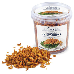 A 4 oz jar of Lars Own Crispy Onions – All Natural, inspired by European heritage, with crispy onions spilled beside it. The label shows all-natural crispy onions on green beans.