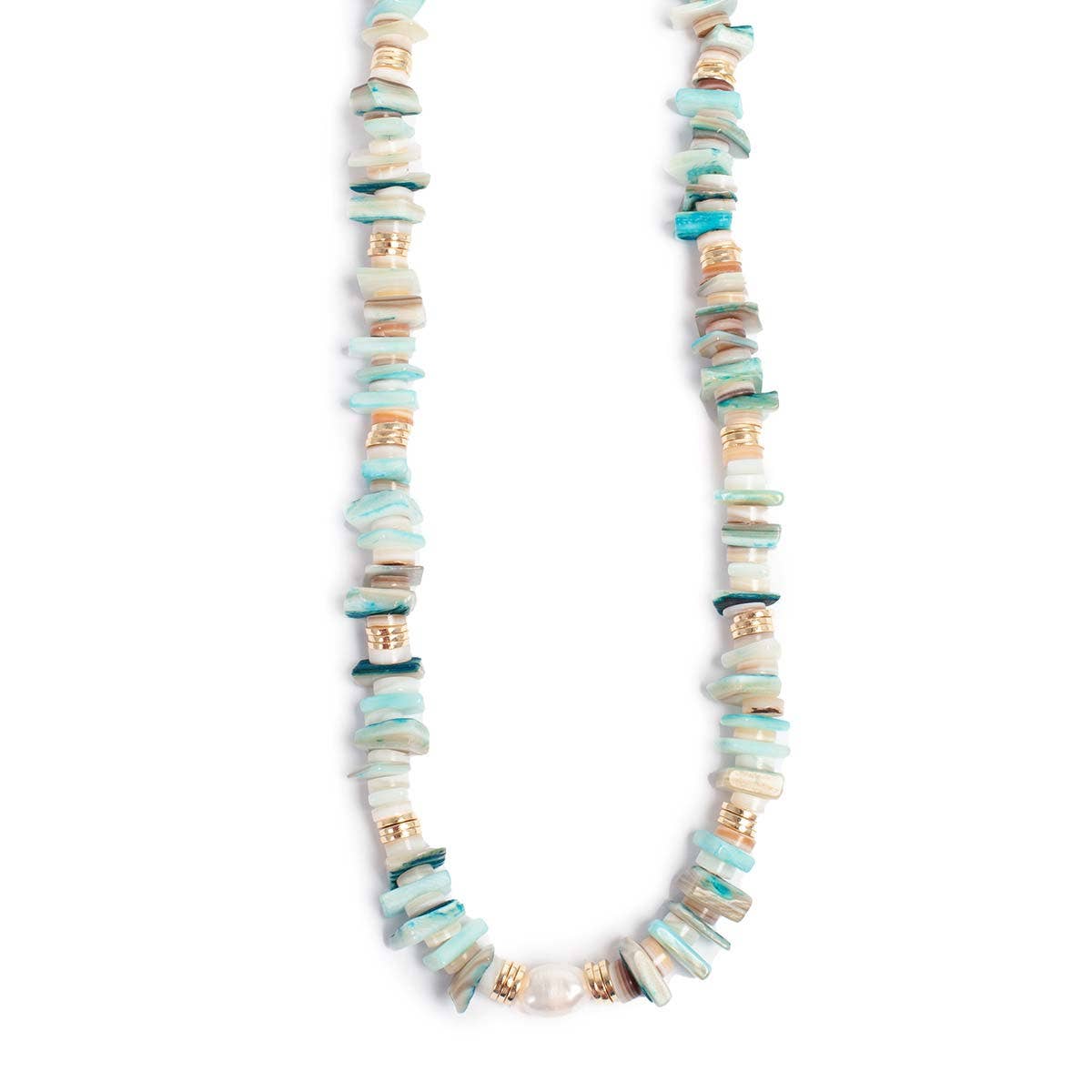 The A&C Oslo Blue Shell Necklace, part of the Wild Nature Collection, features turquoise, white, and gold-colored beads in irregular shapes with a central larger white bead made from semi-precious stones.