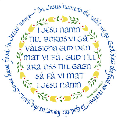 The Tile: Swedish Table Prayer by Jacky Briggs is a 6 square white tile with cork backing and hanger, featuring prayers in Swedish and English, decorated with yellow birds and red hearts to give thanks for food.