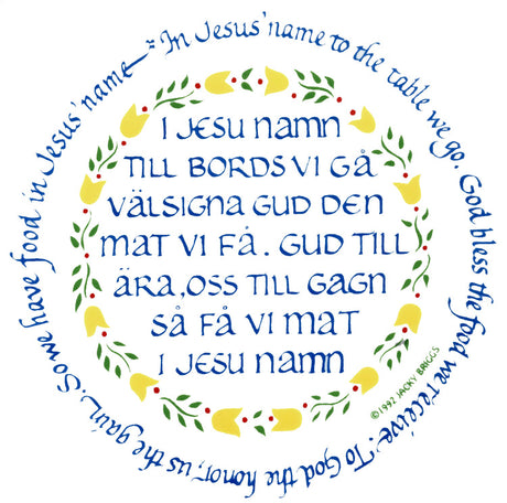 The Tile: Swedish Table Prayer by Jacky Briggs is a 6 square white tile with cork backing and hanger, featuring prayers in Swedish and English, decorated with yellow birds and red hearts to give thanks for food.