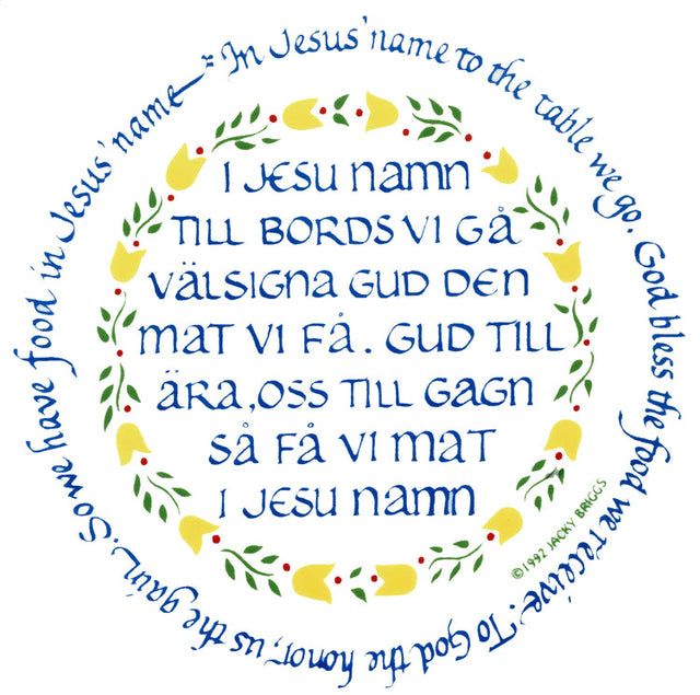 The Tile: Swedish Table Prayer by Jacky Briggs is a 6 square white tile with cork backing and hanger, featuring prayers in Swedish and English, decorated with yellow birds and red hearts to give thanks for food.