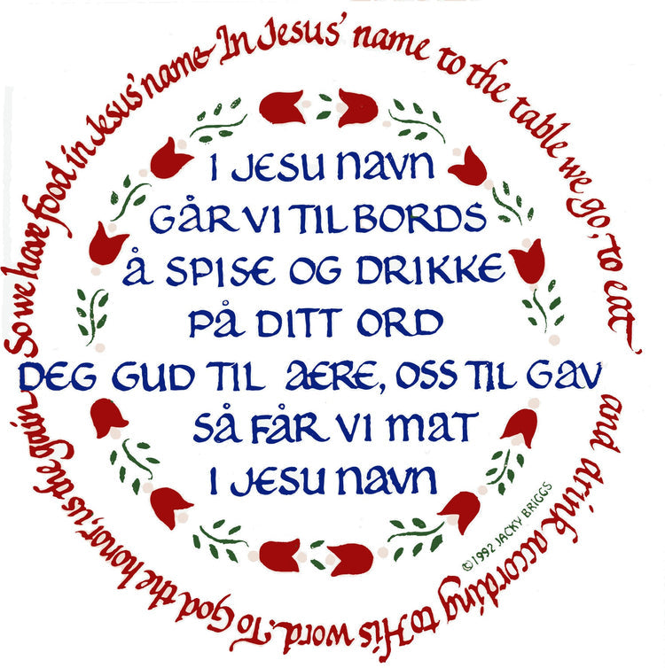 The Norwegian Table Prayer Tile by Jacky Briggs is a 6 square white tile with cork backing and hanger, featuring prayers in Norwegian and English, red tulip accents, and “I Jesu navn”—a tribute to Scandinavian heritage.