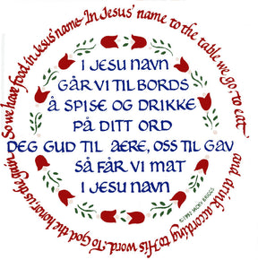 The Norwegian Table Prayer Tile by Jacky Briggs is a 6 square white tile with cork backing and hanger, featuring prayers in Norwegian and English, red tulip accents, and “I Jesu navn”—a tribute to Scandinavian heritage.
