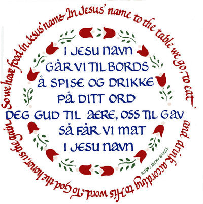 The Norwegian Table Prayer Tile by Jacky Briggs is a 6 square white tile with cork backing and hanger, featuring prayers in Norwegian and English, red tulip accents, and “I Jesu navn”—a tribute to Scandinavian heritage.