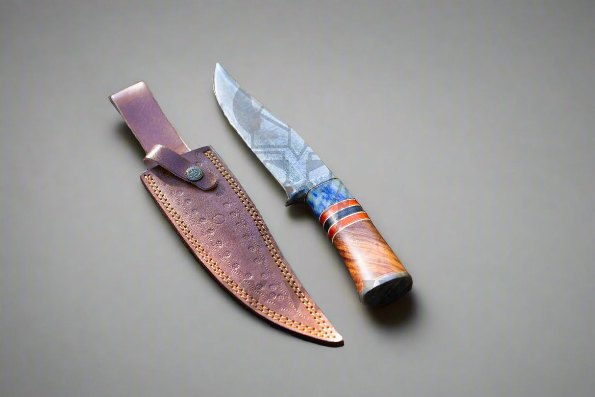 Introducing the Damascus Steel Hunting Knife, featuring a beautifully patterned blade and an ornate wooden handle, complete with a brown leather sheath displayed against a neutral backdrop.