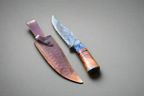 Introducing the Damascus Steel Hunting Knife, featuring a beautifully patterned blade and an ornate wooden handle, complete with a brown leather sheath displayed against a neutral backdrop.