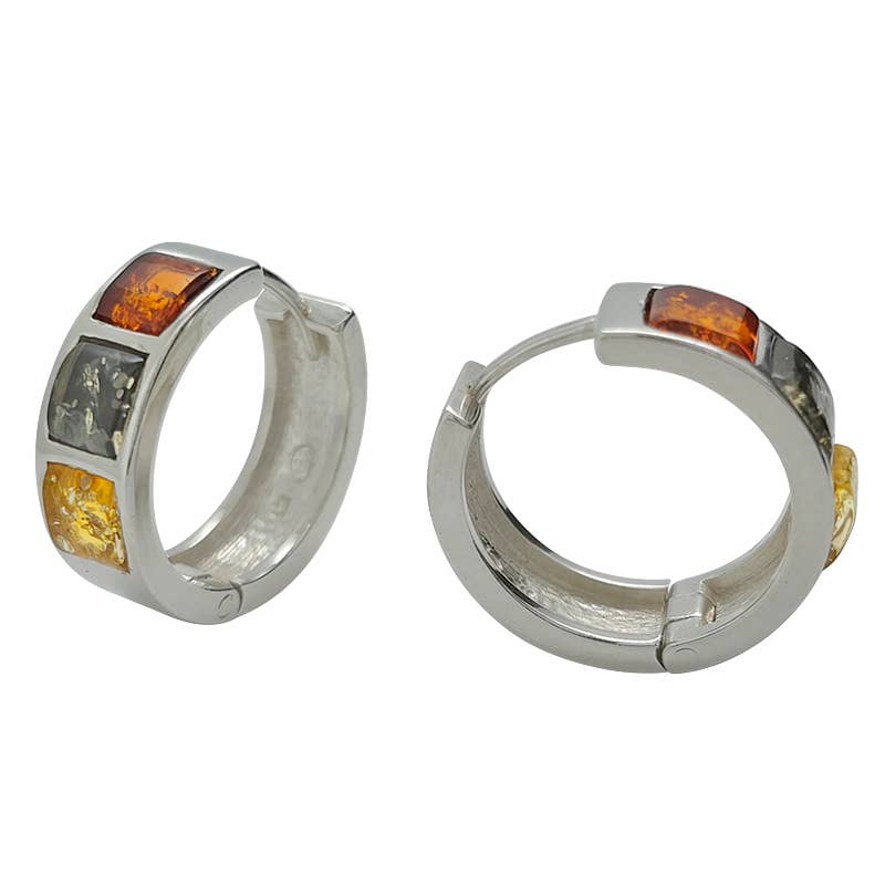 Two .925 sterling silver hoop earrings feature three square-cut Baltic amber stones in varied shades: dark, medium, and light yellow amber.