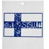 The SISU Swedish Dish Cloth is a super absorbent, biodegradable blue and white dishcloth featuring the Finnish flag and nature-themed illustrations, adding both function and eco-friendliness to your kitchen.