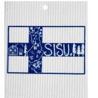 The SISU Swedish Dish Cloth is a super absorbent, biodegradable blue and white dishcloth featuring the Finnish flag and nature-themed illustrations, adding both function and eco-friendliness to your kitchen.