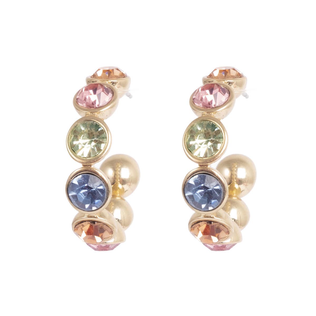 Discover the Vibrance Gold Hoop Earrings, embellished with pink, green, blue, and orange stones. These gold-plated hoops add elegance to any ensemble.