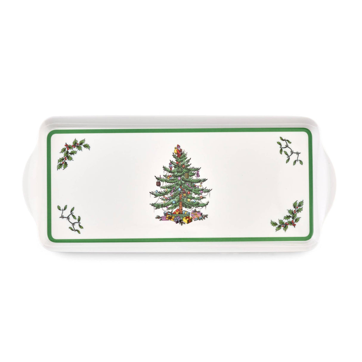 Rectangular melamine tray with a green border, a Christmas tree in the center, and small holly sprigs in each corner.
