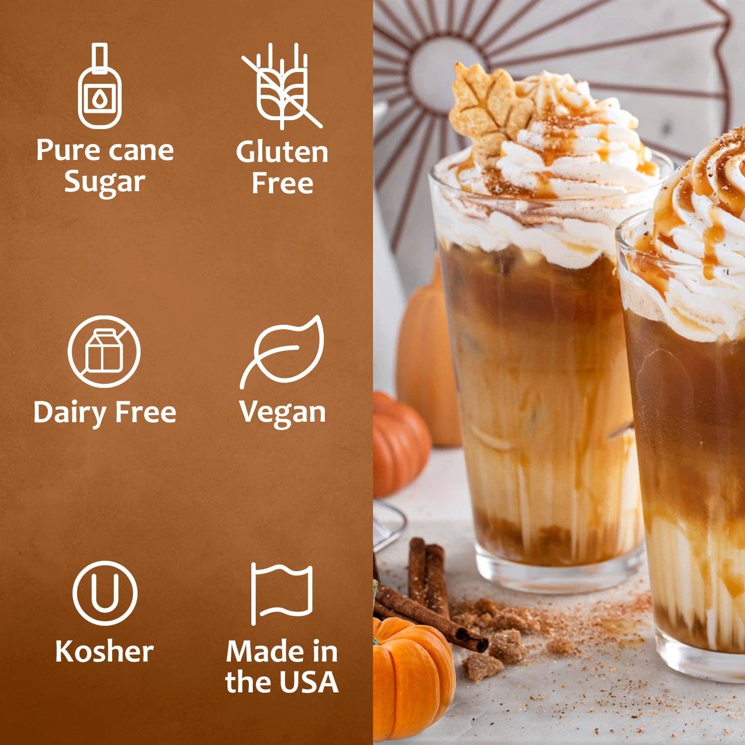 Enjoy iced coffee drinks topped with whipped cream and caramel, made with Syrup: Pumpkin Spice Coffee Syrup Syurvia Pure Cane Sugar. This vegan, gluten-free, dairy-free, kosher syrup is made in the USA—perfect for autumn cravings.