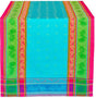 The Runner: Turquoise Table Runner is European-made, 100% woven cotton, with traditional jacquard weaving and intricate leaf patterns in blue, pink, and green stripes. Size: 20"x60".