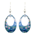 A pair of oval drop earrings, The Lillies Artwork by Claude Monet, featuring a blue and pink watercolor-style design, hypoallergenic silver hooks, and small silver beads.