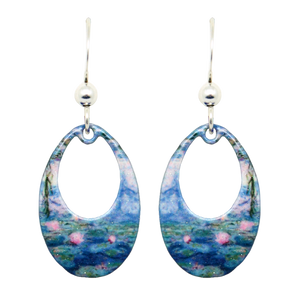 A pair of oval drop earrings, The Lillies Artwork by Claude Monet, featuring a blue and pink watercolor-style design, hypoallergenic silver hooks, and small silver beads.