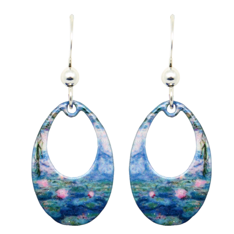 A pair of oval drop earrings, The Lillies Artwork by Claude Monet, featuring a blue and pink watercolor-style design, hypoallergenic silver hooks, and small silver beads.