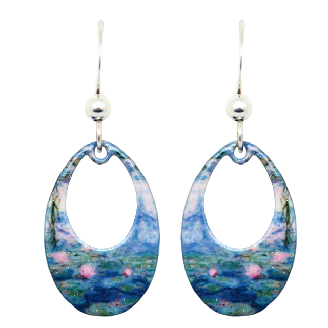 A pair of oval drop earrings, The Lillies Artwork by Claude Monet, featuring a blue and pink watercolor-style design, hypoallergenic silver hooks, and small silver beads.