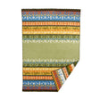 Lambswool blanket with horizontal stripes of floral and geometric Nordic-inspired patterns in orange, blue, yellow, and green.