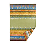 Lambswool blanket with horizontal stripes of floral and geometric Nordic-inspired patterns in orange, blue, yellow, and green.