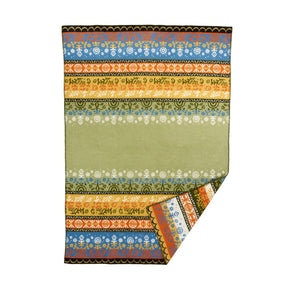 Lambswool blanket with horizontal stripes of floral and geometric Nordic-inspired patterns in orange, blue, yellow, and green.