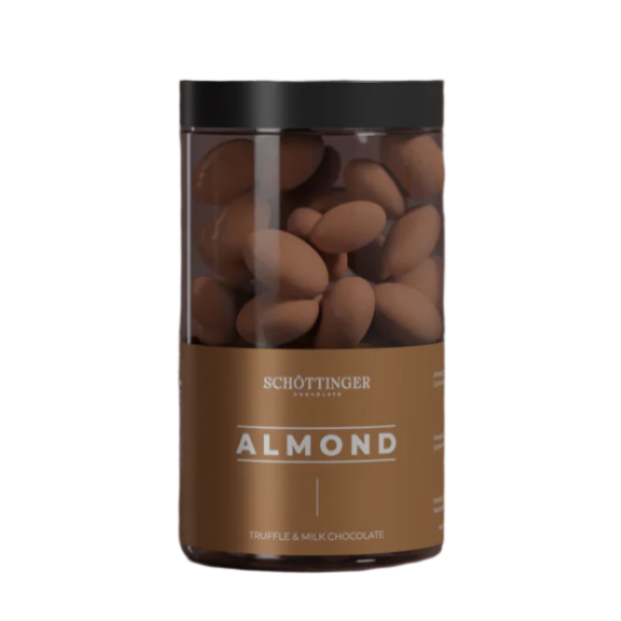 A cylindrical jar filled with Almonds in Truffle Chocolate, labeled for its 250 g content, showcasing a brown design and a sleek black lid.