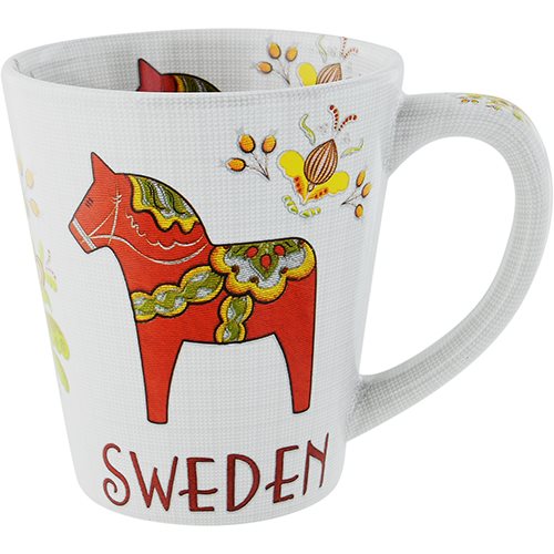 Introducing the "Mug: Dala Horse Sweden Embroidered Design" – a white mug showcasing a red Swedish Dala horse embellished with colorful Swedish floral motifs and graceful "Sweden" text, offering a charming fusion of tradition and elegance.