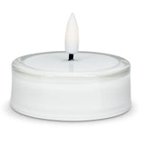 LED tea light candle with a clear glass rim and a flickering flame.