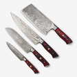 Four Damascus steel knives with dark red and black handles, arranged diagonally on a white background, showing patterned blades.