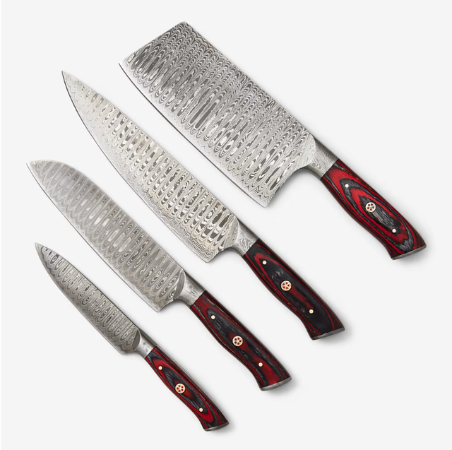 Four Damascus steel knives with dark red and black handles, arranged diagonally on a white background, showing patterned blades.