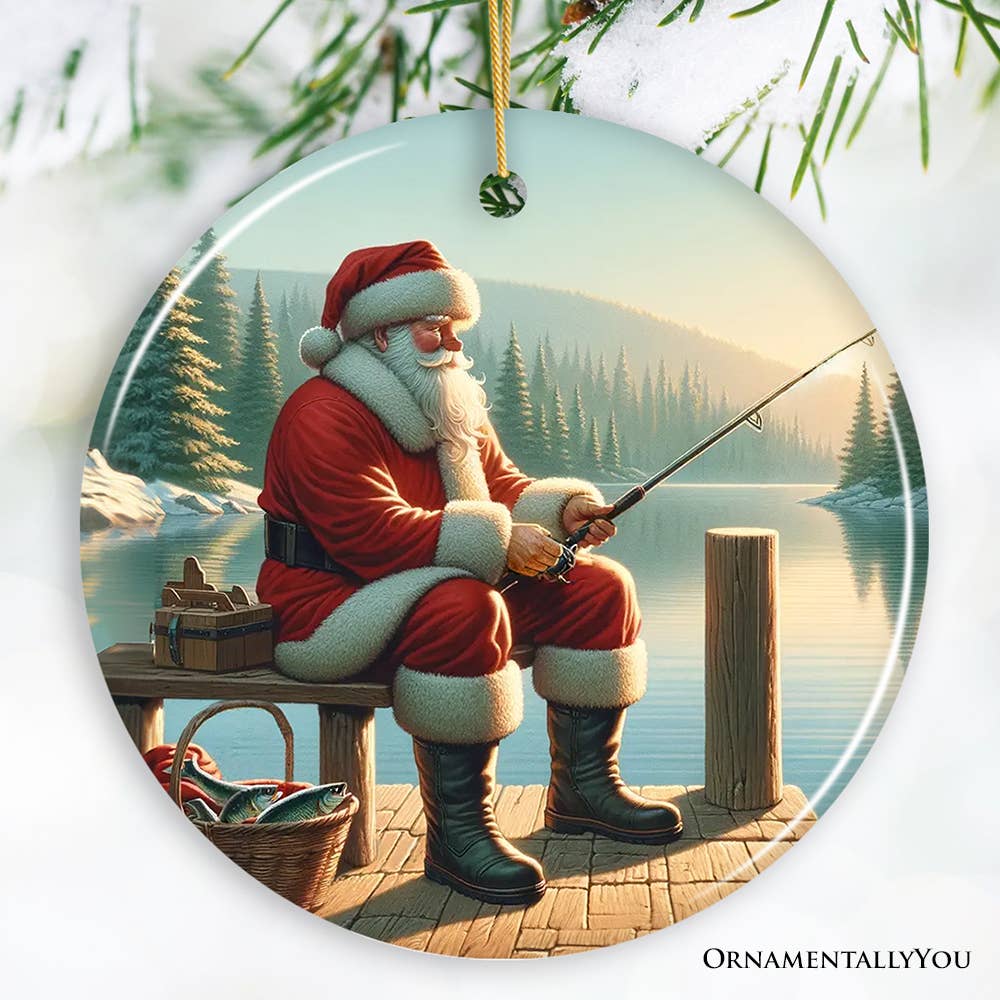 Santa Claus enjoys a tranquil moment on the dock, fishing at a tree-lined lake. Accompanied by his tackle box and freshly caught fish, this scene captures the charm of the "Peaceful Fishing Session with Santa Claus Christmas Ornament." It's an ideal keepsake for holiday enthusiasts or a delightful gift for anglers who enjoy whimsical decor.