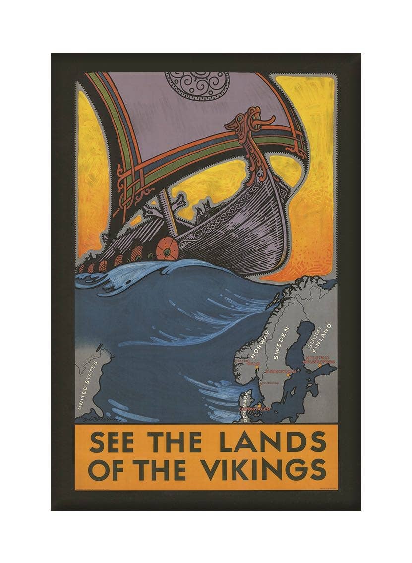 The Magnet: See the Lands of the Vikings features a vintage Swedish travel poster with a Viking ship on ocean waves and a map highlighting Norway, Sweden, and Denmark. Ideal for history enthusiasts.