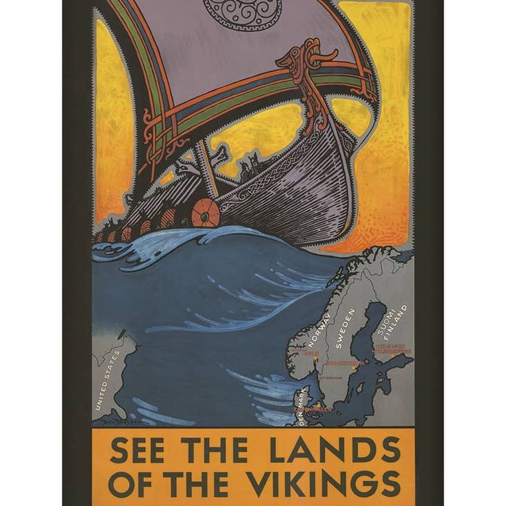 Magnet showcasing an illustrated Viking ship navigating a stormy sea, accompanied by a map that highlights the dimensions of Viking territories in Northern Europe. Text reads, "See the Lands of the Vikings.