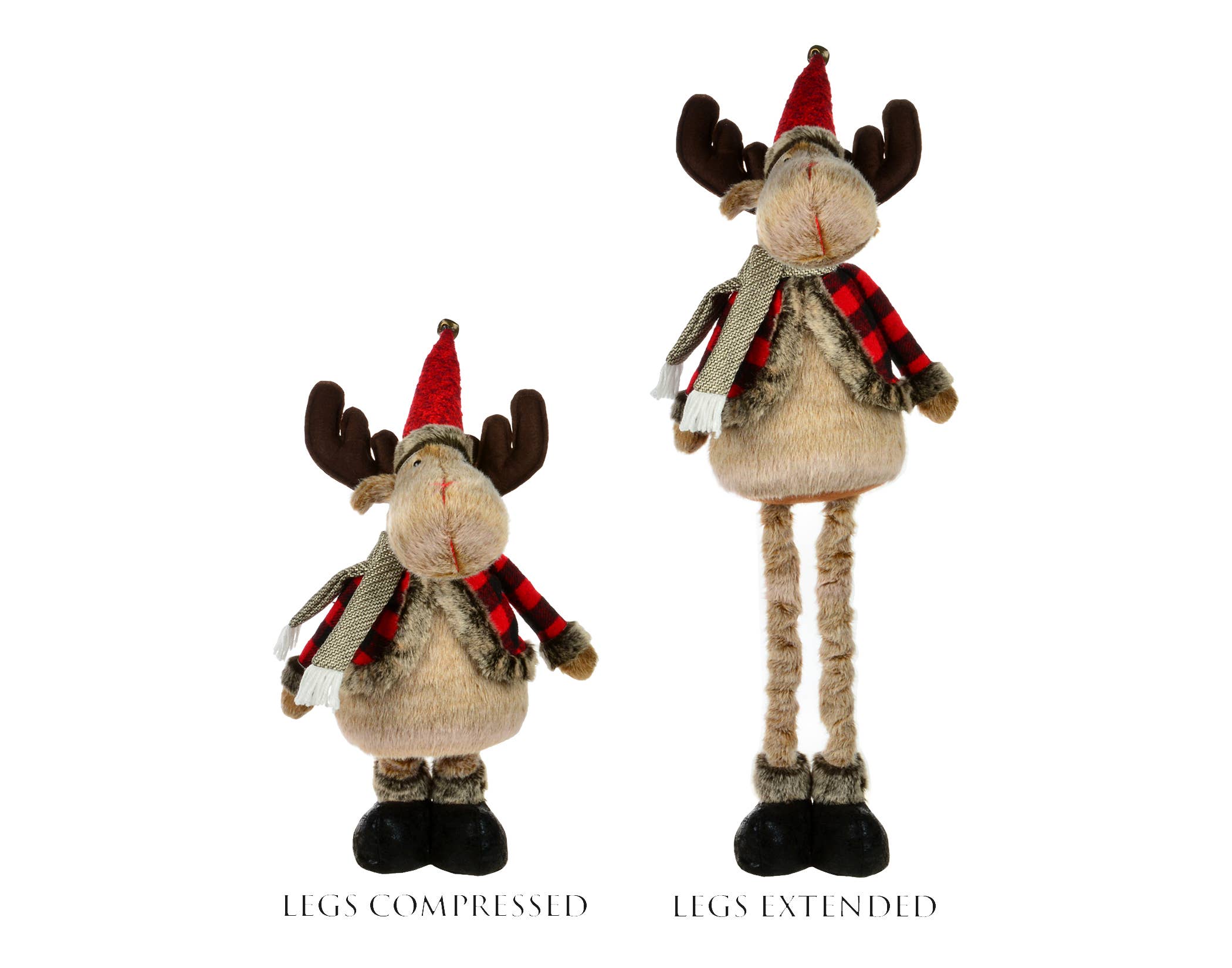 The Gnome: 28" Skinny-Leg Moose with Black/Red Jacket features two plush reindeer figurines adorned in cozy hats and scarves. The left figurine wears a red plaid jacket and has compressed legs, while the right one resembles a standing moose with adjustable legs for added charm.