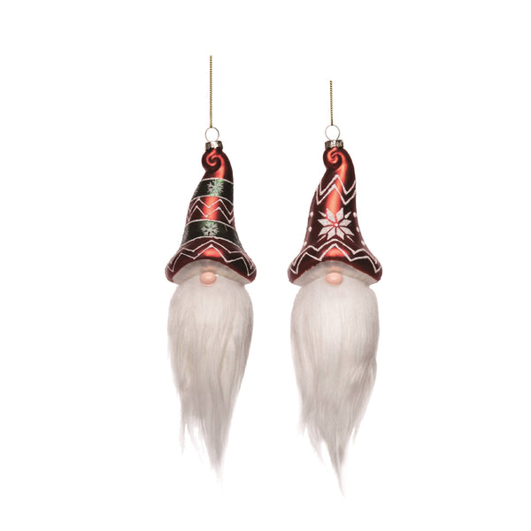 Two Ornament: Christmas Glass Fuzzy Beard Gnome Ornaments, featuring long fuzzy beards and red patterned hats, hang by gold strings against a white backdrop, bringing festive charm to your holiday décor.