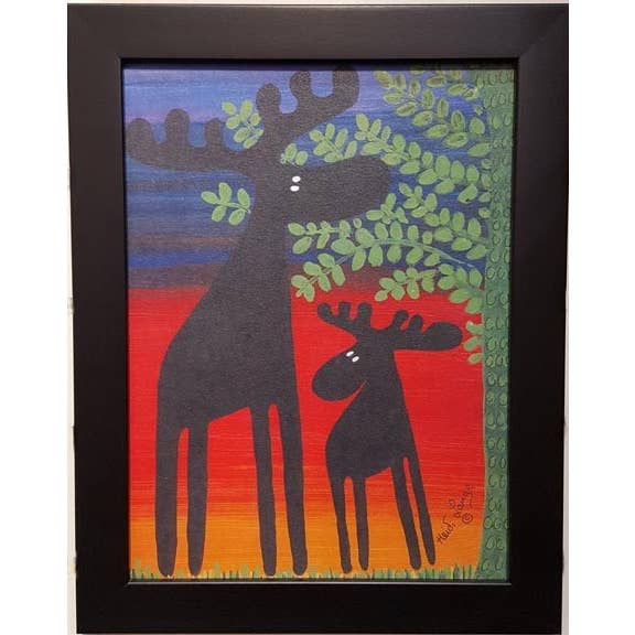 Framed Print: Two Moose Under a Tree by Swedish artist Heidi Lange, 14x11 inches—this vibrant Scandinavian wall decor features two silhouetted moose beneath leafy branches, set against a striking sky.