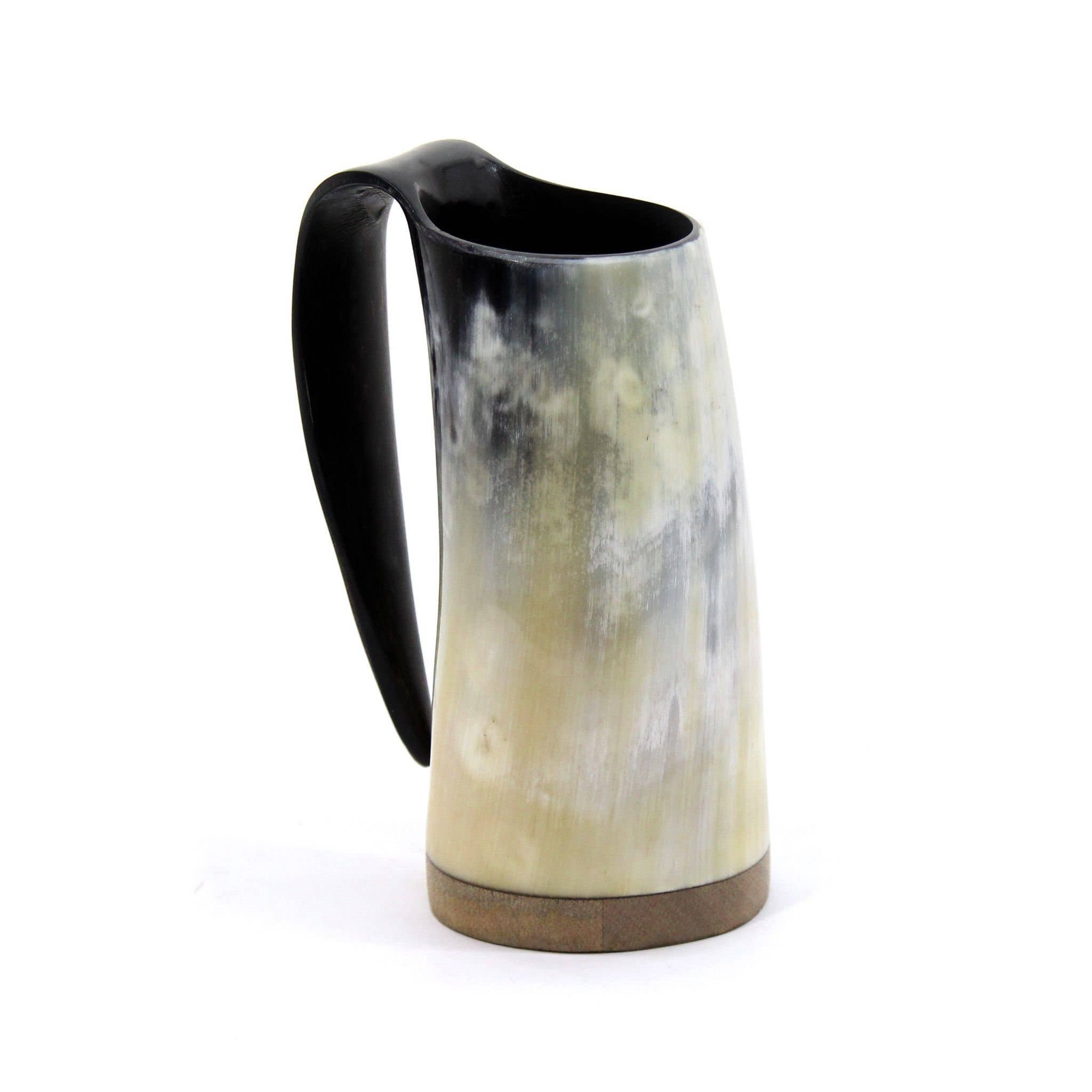 Introducing the Horn Mug: Viking African Ox Horn Mug - a 100% authentic beer ox horn tank holding 16oz. This black and cream mug features a smooth, glossy surface with a convenient handle, making it an ideal addition to any drinking horn collection.