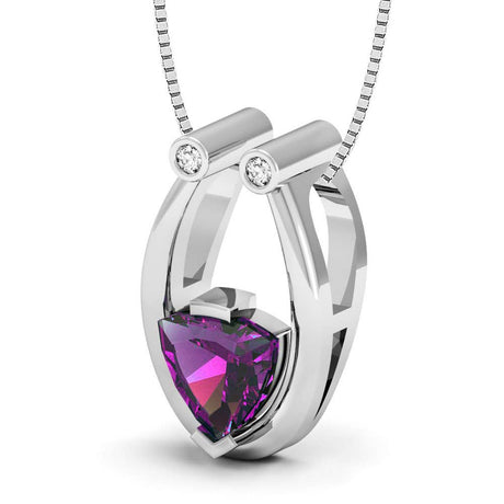 The Necklace: Color Changing Alexandrite Pendant w/Chain features a triangular-cut color changing alexandrite held by three prongs, accented with two small round white stones above, on a box chain.